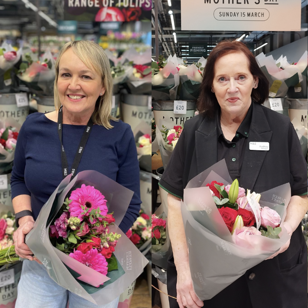 two people holding bouquets of flowers