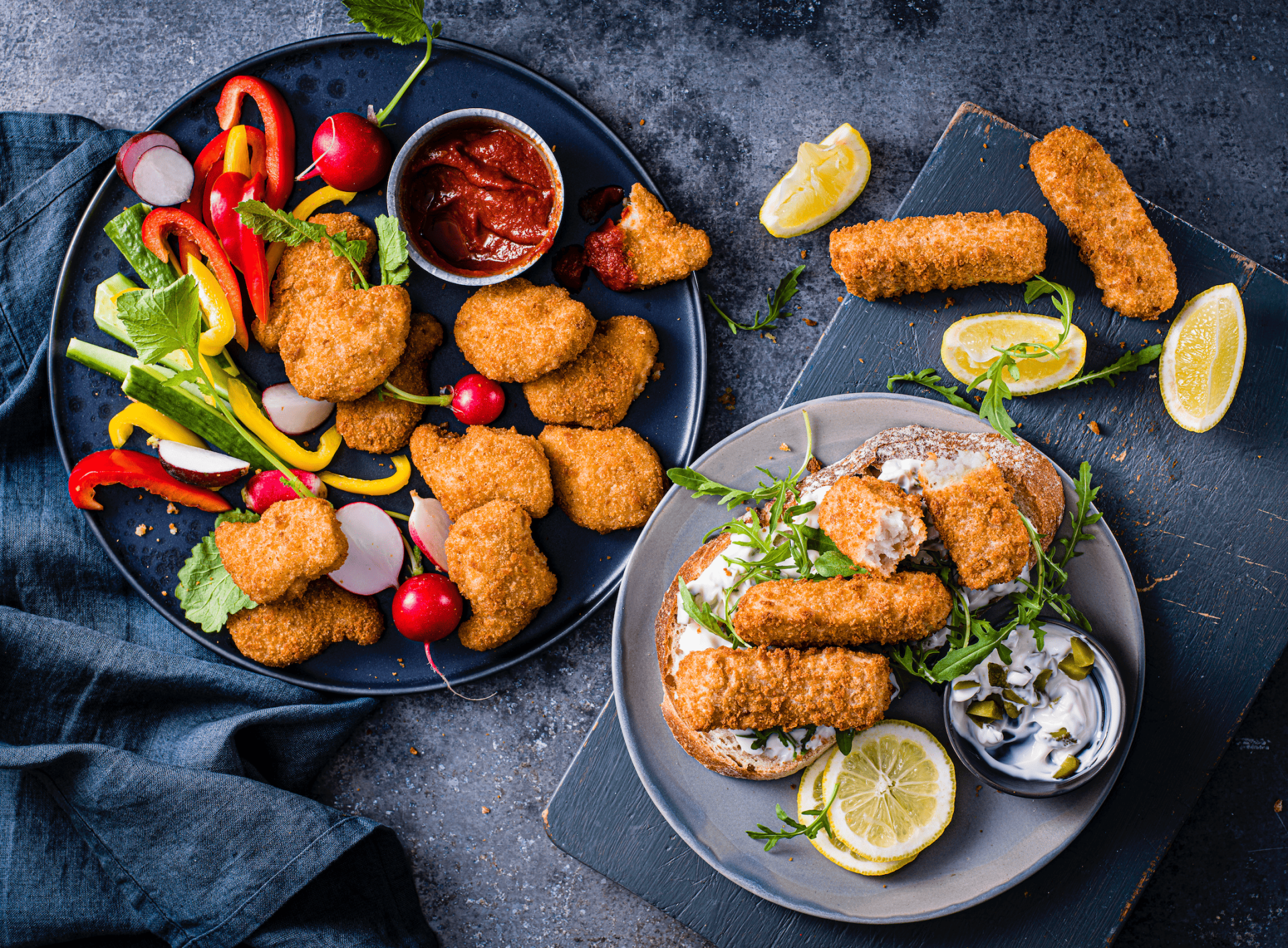 Plant based chicken nuggets and fish fingers