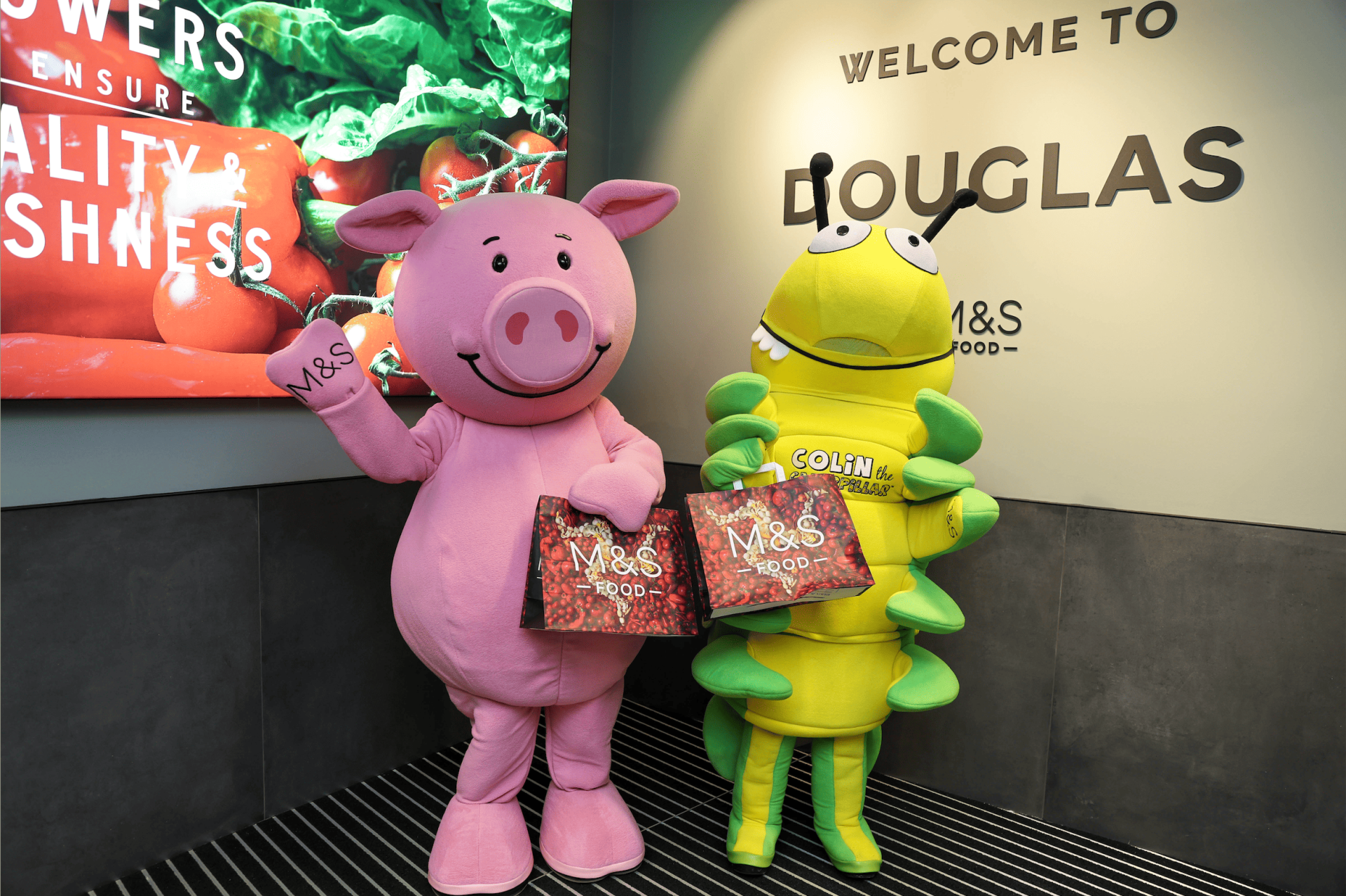 A person in a pig mascot costume and person in a caterpillar mascot costume